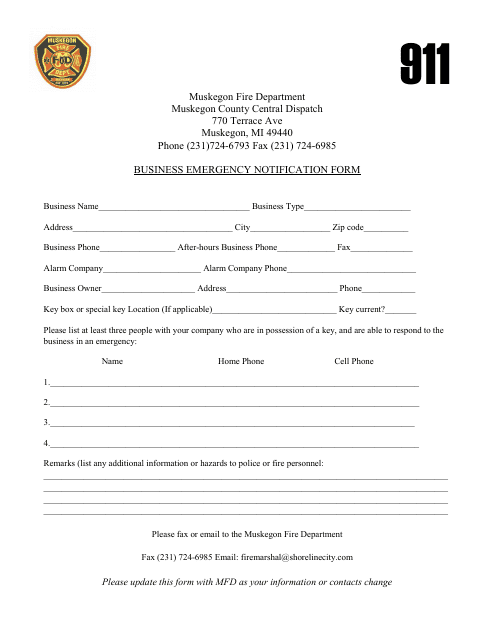 Business Emergency Notification Form - City of Muskegon, Michigan