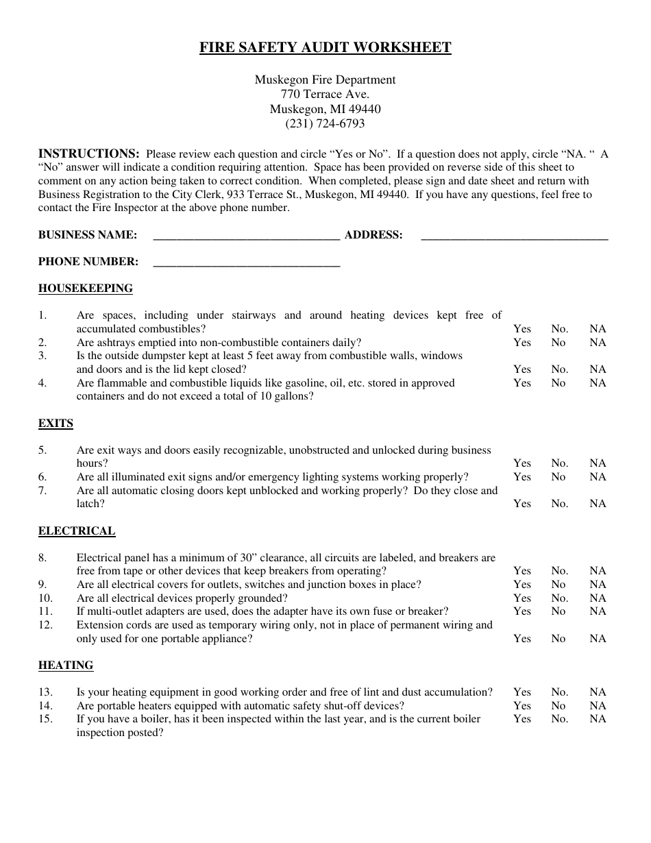 Fire Safety Audit Worksheet - City of Muskegon, Michigan, Page 1