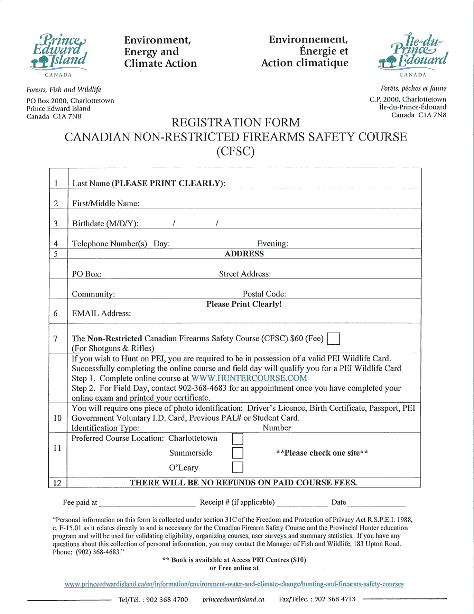 Canadian Non-restricted Firearms Safety Course (Cfsc) Registration Form - Prince Edward Island, Canada, Page 1