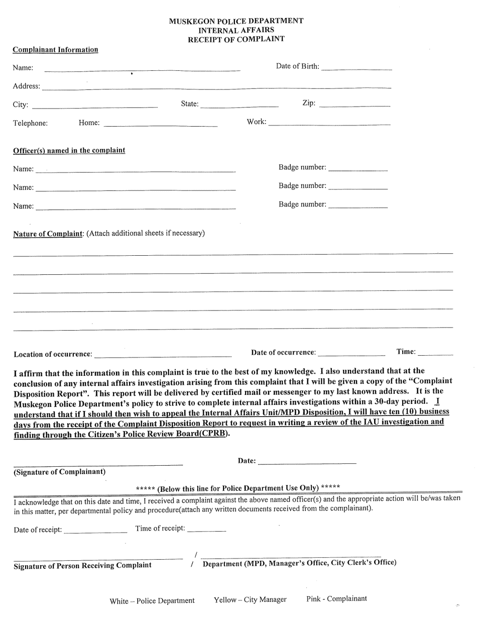 Complaint Form - City of Muskegon, Michigan, Page 1