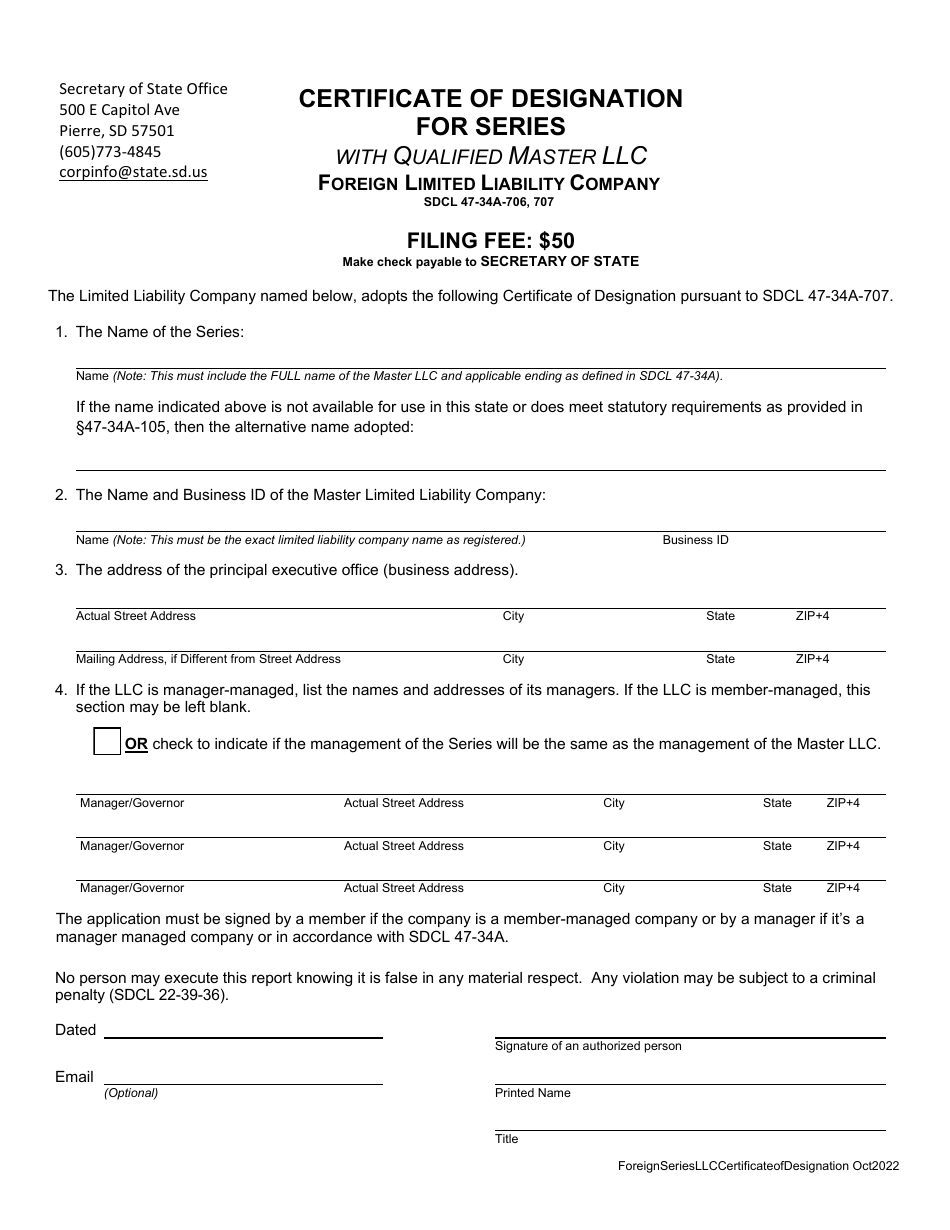 Certificate of Designation for Series With Qualified Master LLC Foreign Limited Liability Company - South Dakota, Page 1