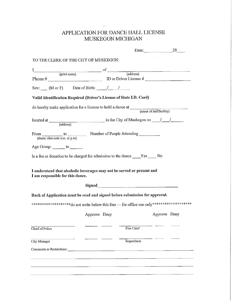 City of Muskegon, Michigan Application for Dance Hall License Fill