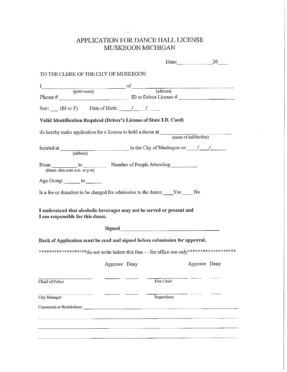 Application for Dance Hall License - City of Muskegon, Michigan, Page 1