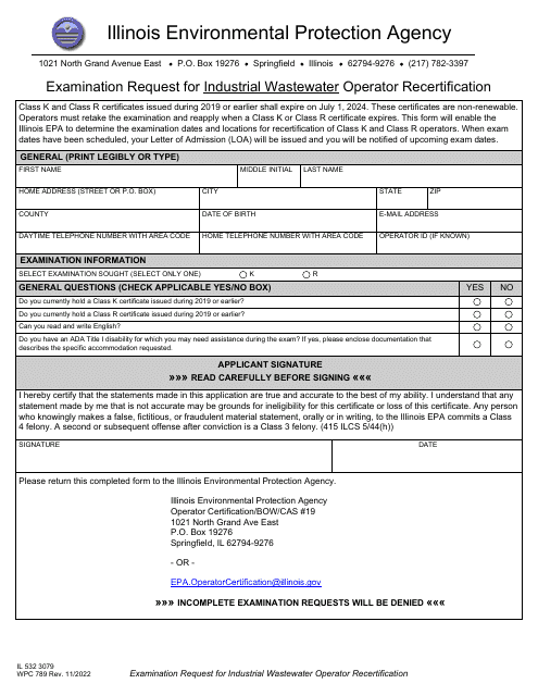 Form IL532 3079 (WPC789) Examination Request for Industrial Wastewater Operator Recertification - Illinois