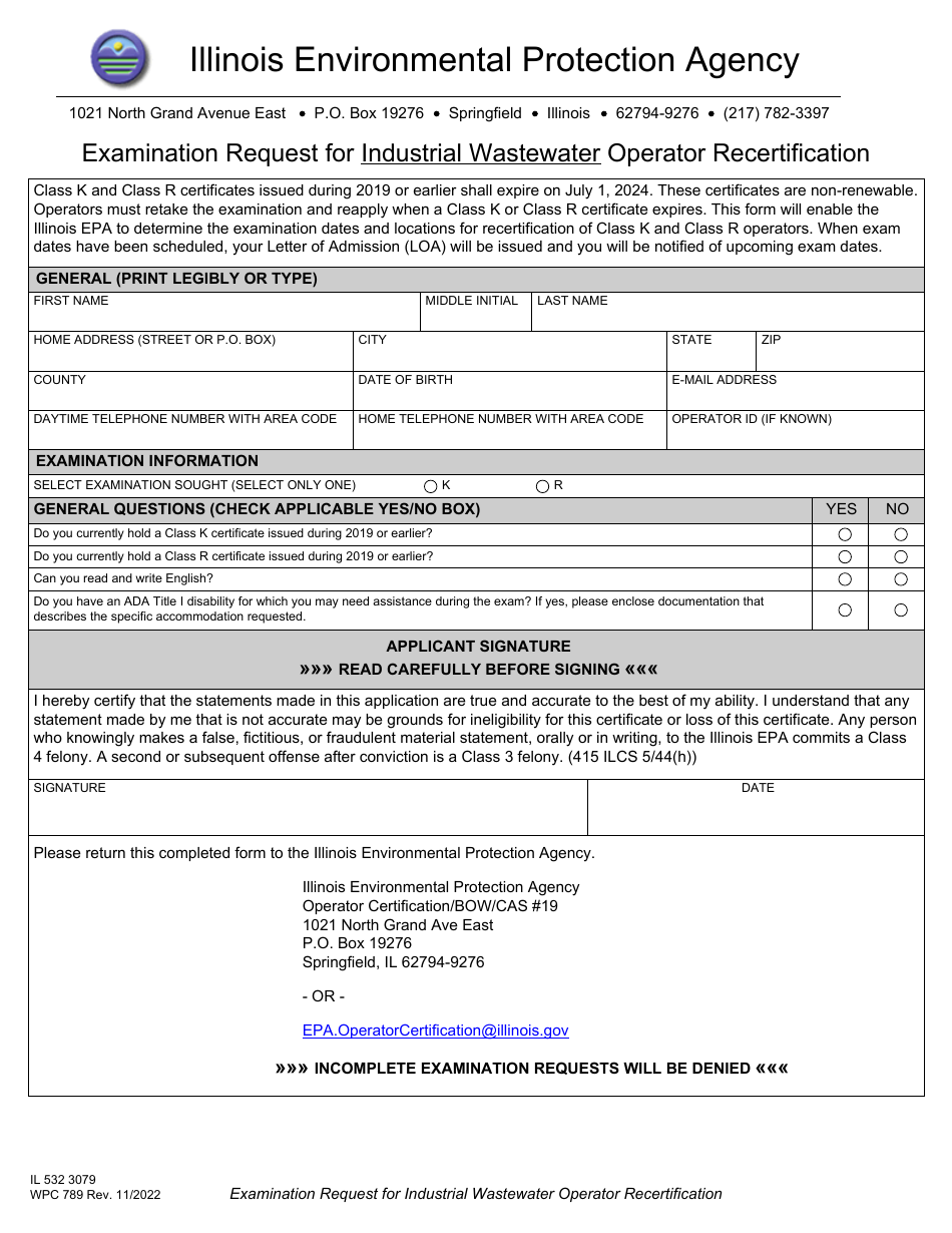 Form IL532 3079 (WPC789) Examination Request for Industrial Wastewater Operator Recertification - Illinois, Page 1
