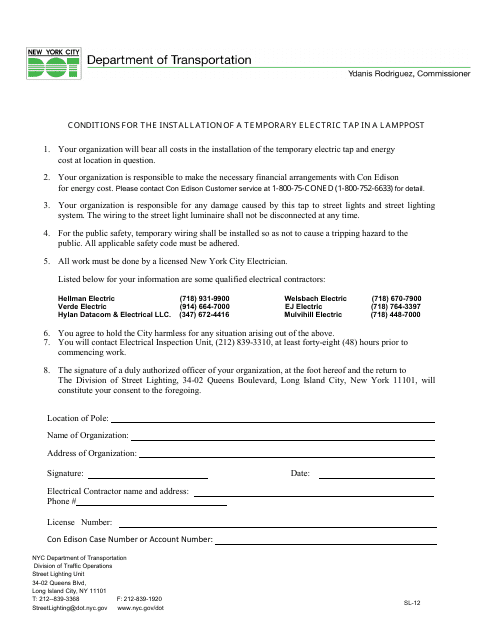 Form SL-12 Conditions for the Installation of a Temporary Electric Tap in a Lamppost - New York City