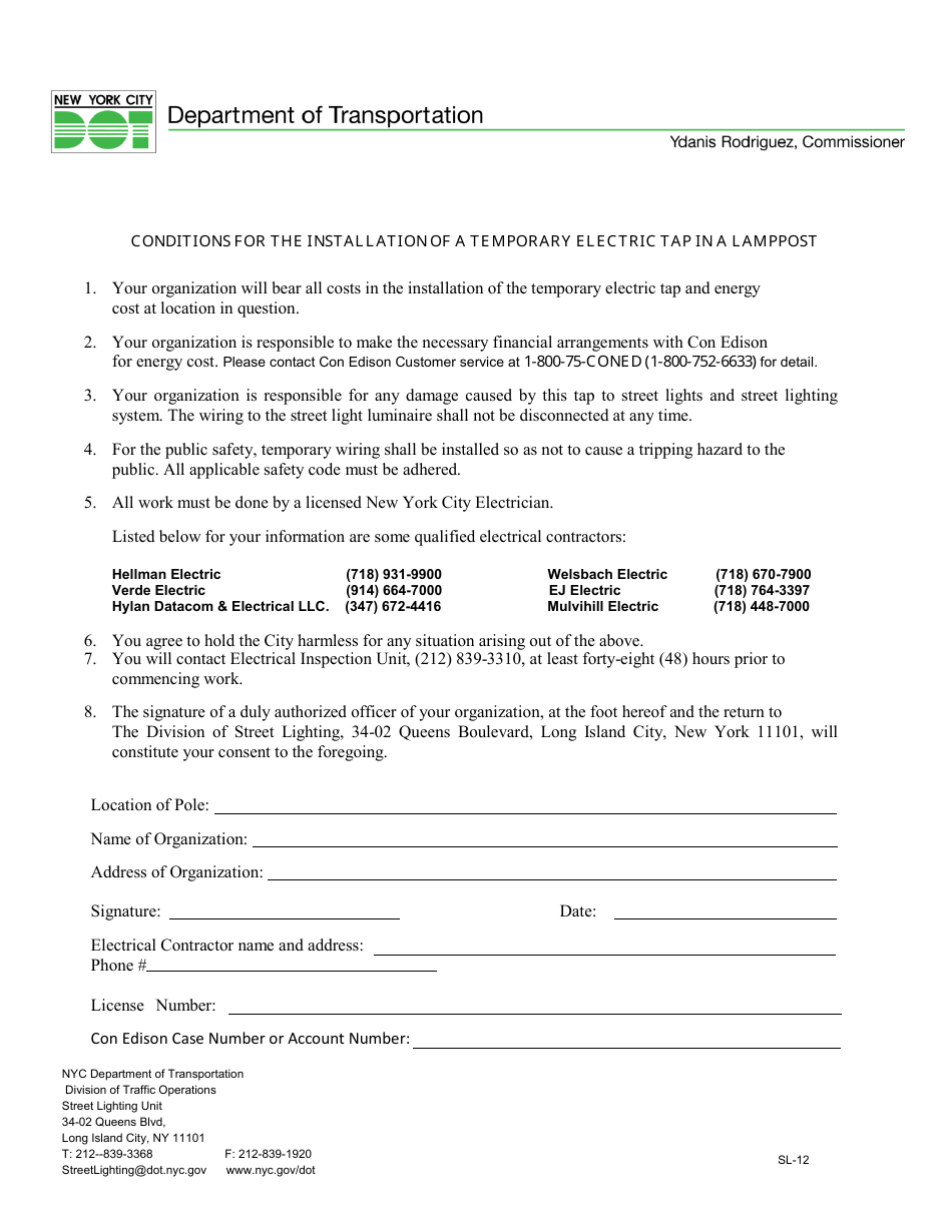 Form SL-12 Conditions for the Installation of a Temporary Electric Tap in a Lamppost - New York City, Page 1