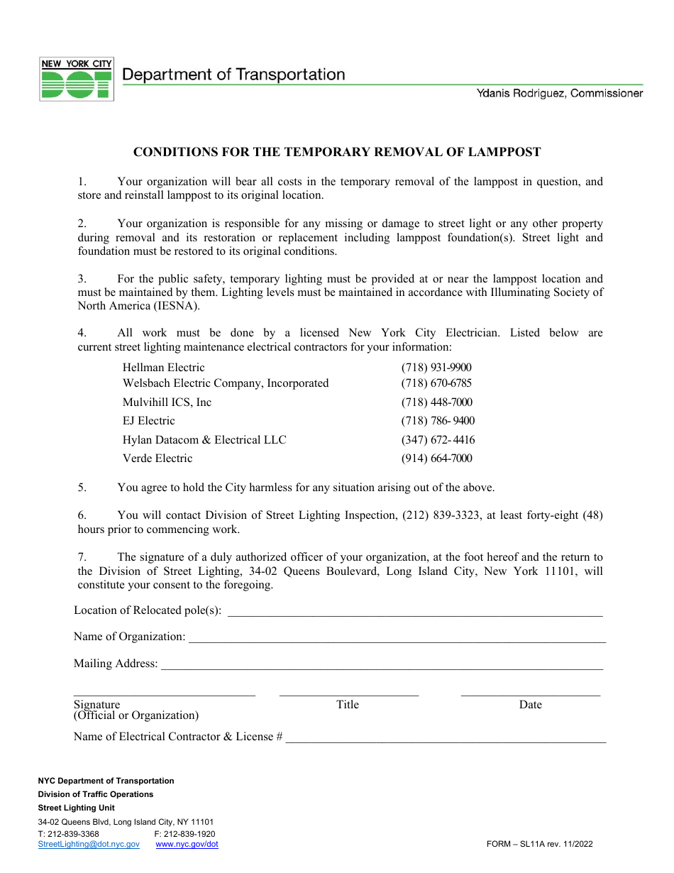 Form SL11A Conditions for the Temporary Removal of Lamppost - New York City, Page 1