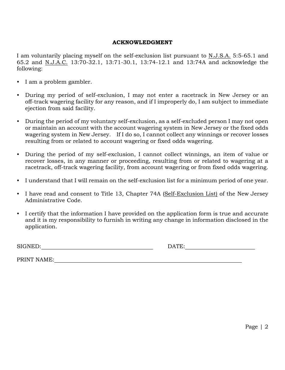 Application to Be Placed on Self-exclusion List for Voluntary Exclusion From Entry to New Jersey Racetracks, off-Track Wagering Facilities, Account Wagering and Fixed Odds Wagering - New Jersey, Page 2
