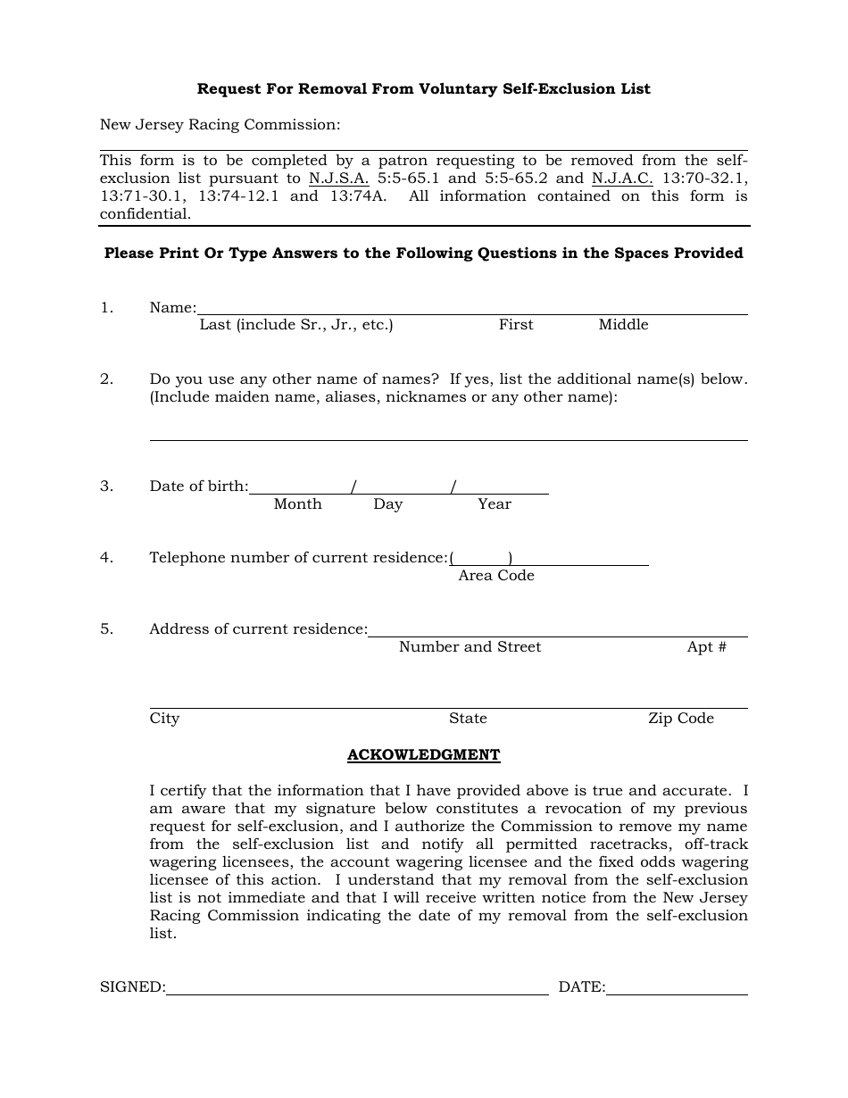 Request for Removal From Voluntary Self-exclusion List - New Jersey, Page 1