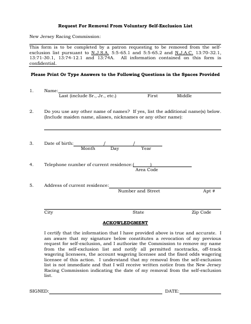 Request for Removal From Voluntary Self-exclusion List - New Jersey Download Pdf