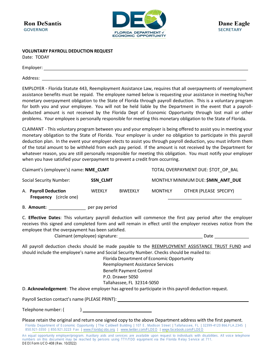 DEO Form UCO-408 Voluntary Payroll Deduction Request - Florida, Page 1