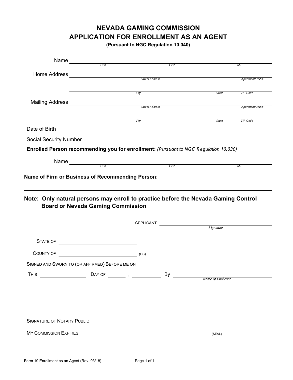 Form 19 Application for Enrollment as an Agent - Nevada, Page 1