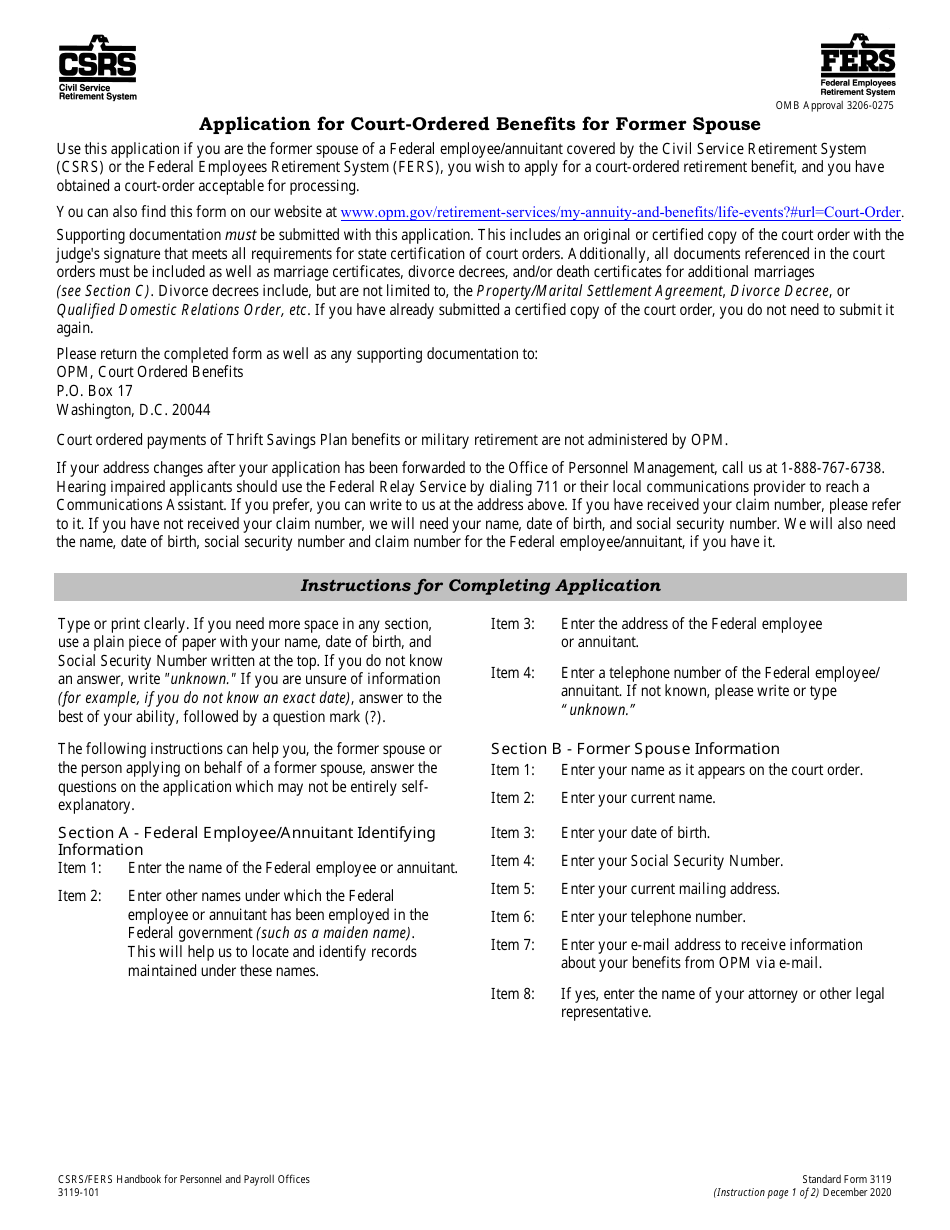 Form SF-3119 Application for Court-Ordered Benefits for Former Spouse, Page 1