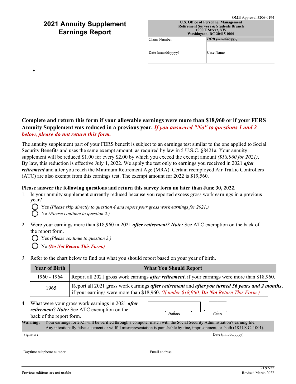 Form RI92-22 Annuity Supplement Earnings Report, Page 1