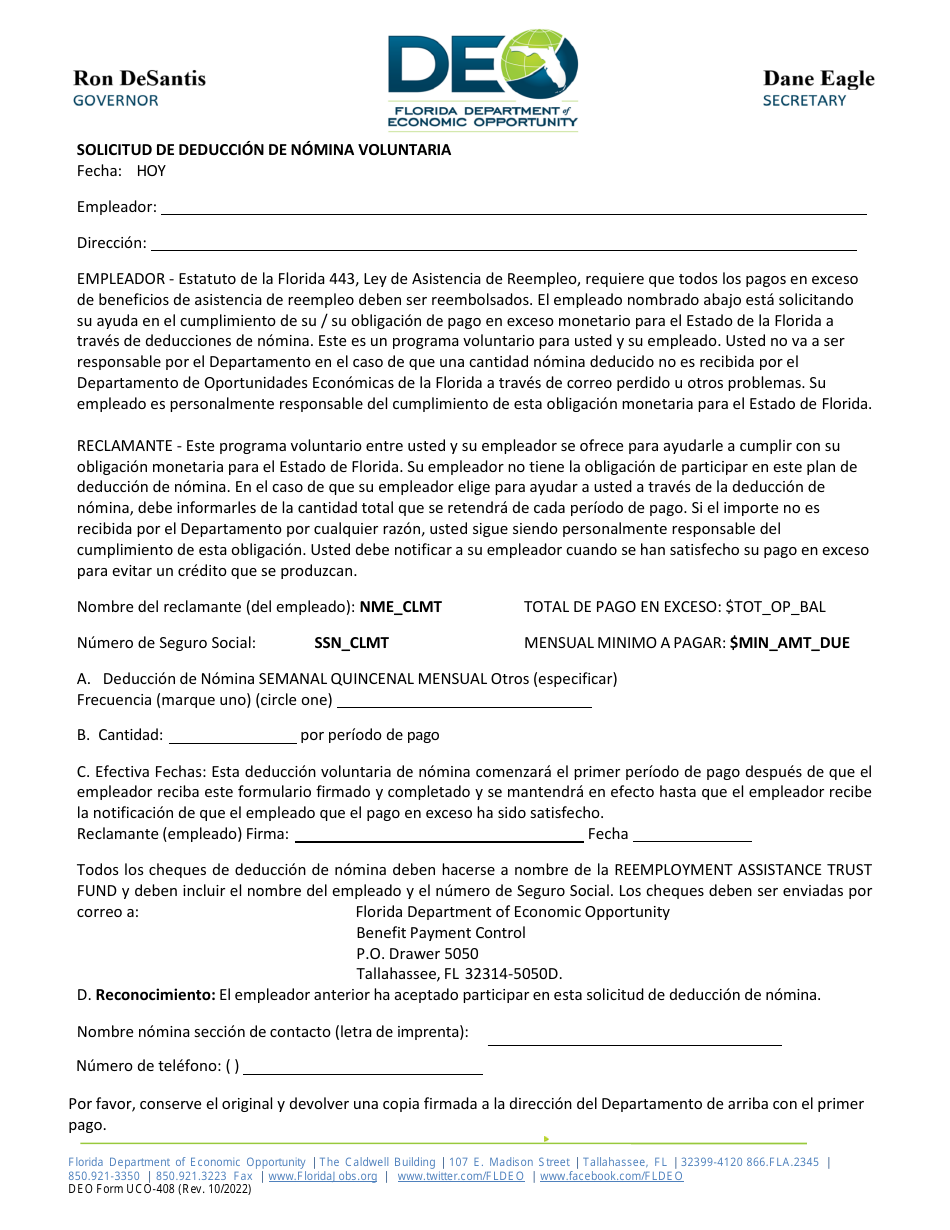 DEO Formulario UCO-408 Solicitud De Deduccion De Nomina Voluntaria - Florida (Spanish), Page 1