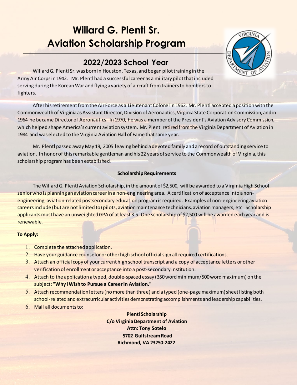 2023 Virginia Willard G. Plentl Sr. Aviation Scholarship Program