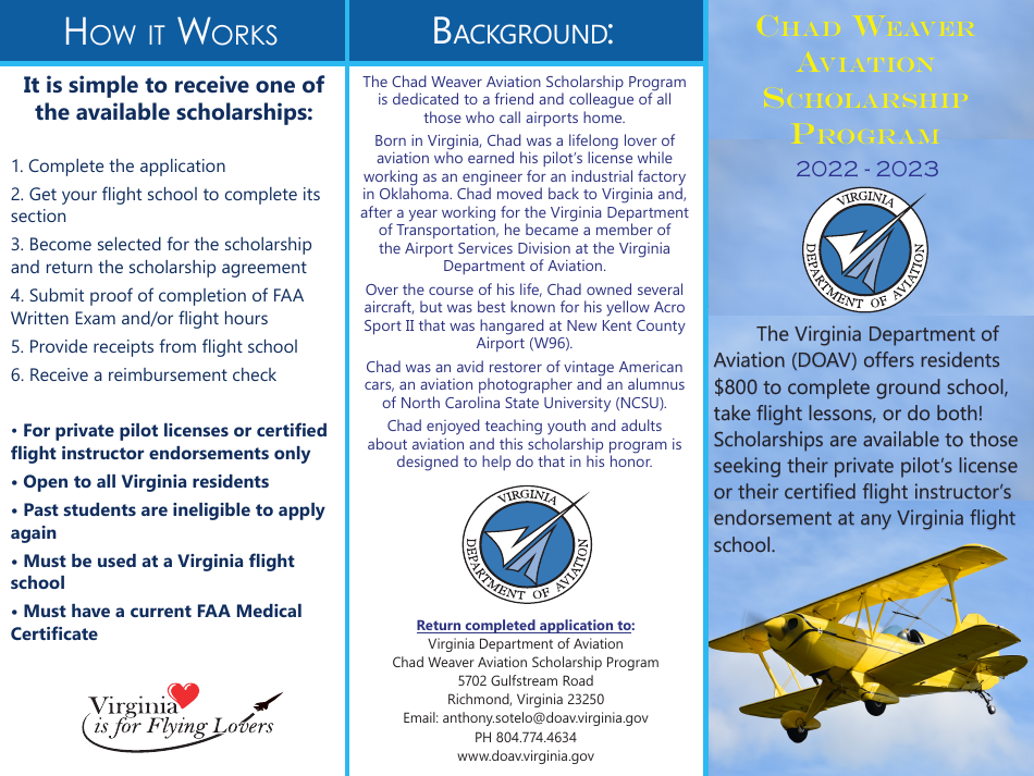 Chad Weaver Aviation Scholarship Program Application - Virginia, Page 1