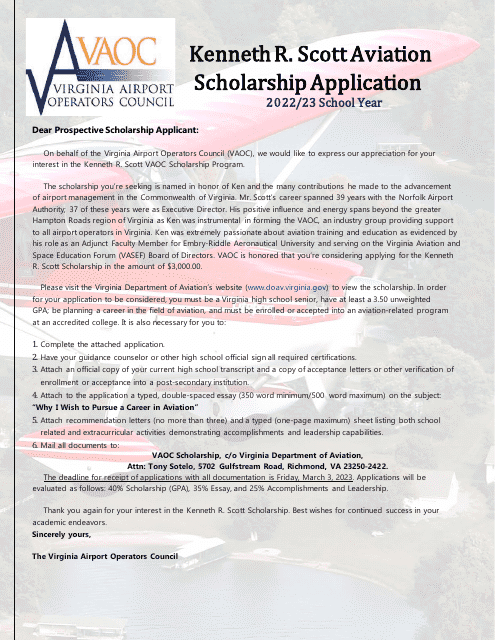 Kenneth R. Scott Aviation Scholarship Program Application - Virginia, 2023