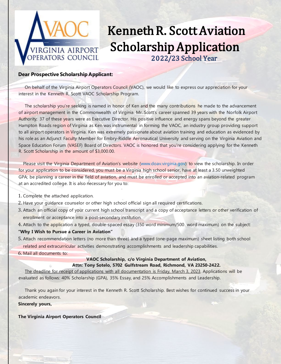 Kenneth R. Scott Aviation Scholarship Program Application - Virginia, Page 1