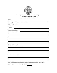 Document preview: Customer Complaint Form - Oregon Trail State Veterans Cemetery - Wyoming