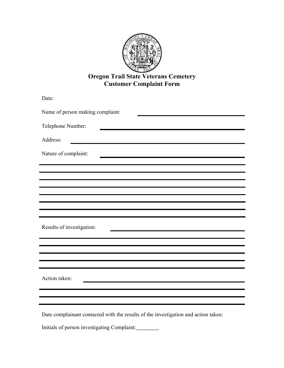 Customer Complaint Form - Oregon Trail State Veterans Cemetery - Wyoming, Page 1