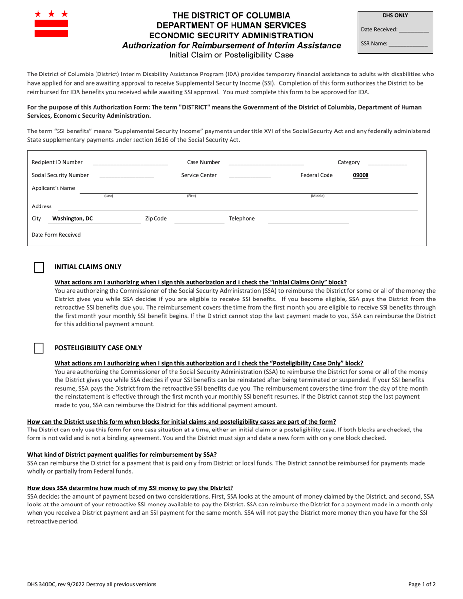 Form DHS340DC Authorization for Reimbursement of Interim Assistance - Initial Claim or Posteligibility Case - Washington, D.C., Page 1