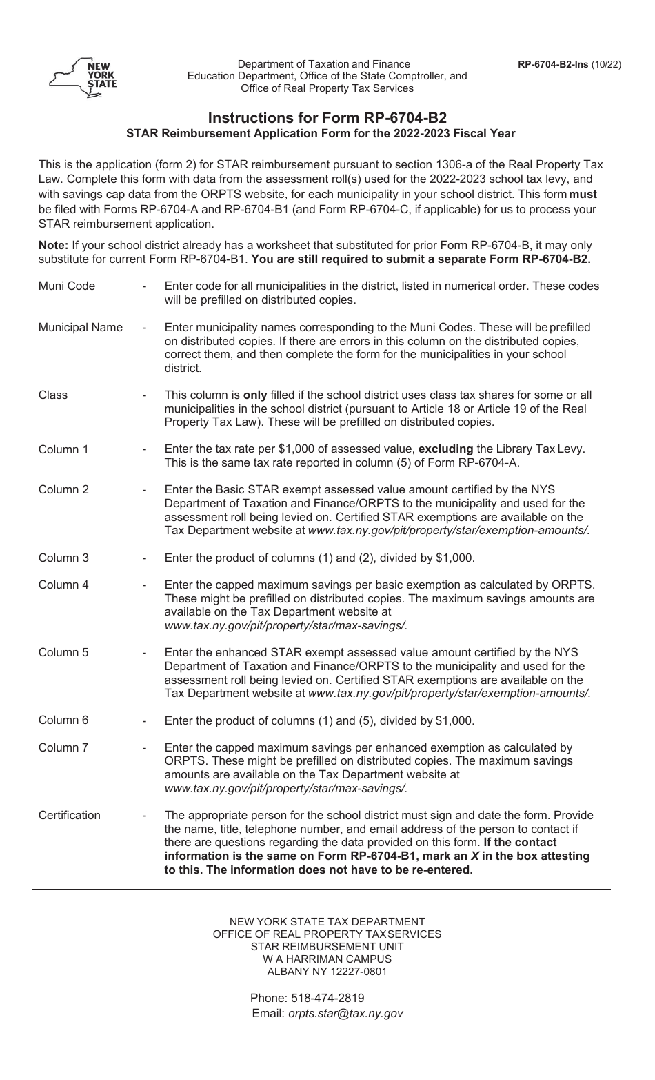 Form RP-6704-B2 Star Reimbursement Application Form - School Tax Levy - New York, Page 2
