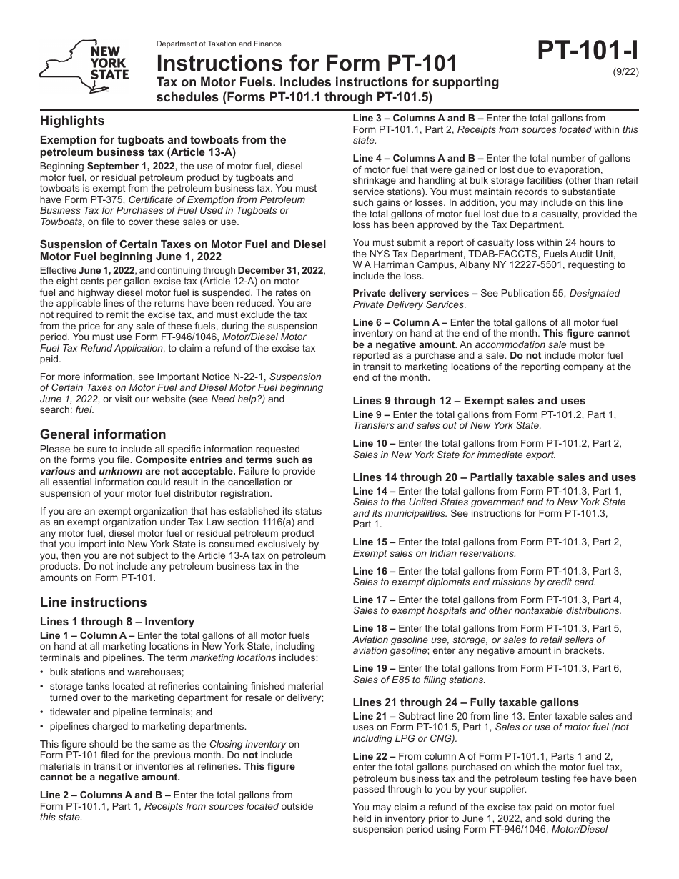 Instructions for Form PT-101 Tax on Motor Fuels - New York, Page 1