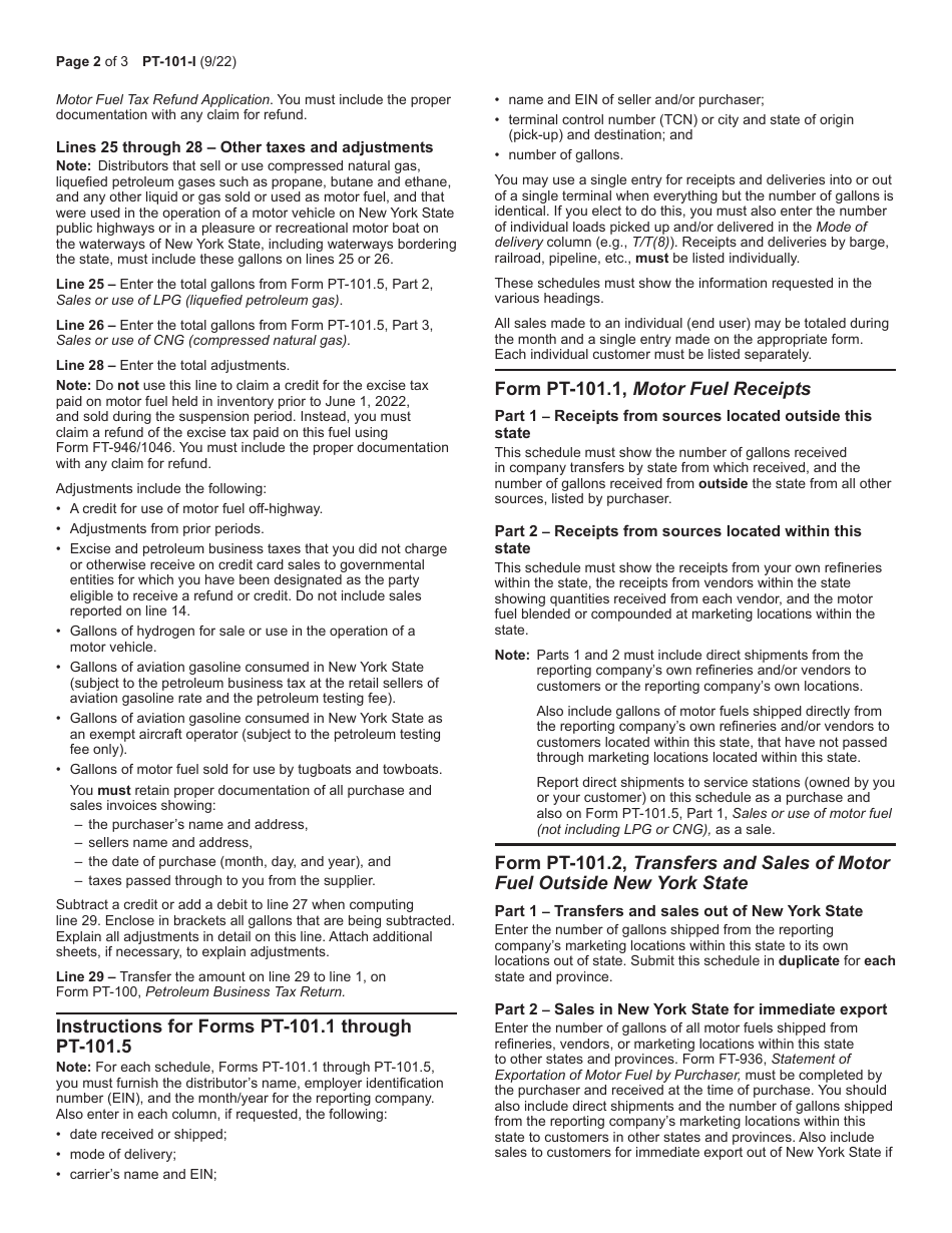 Instructions for Form PT-101 Tax on Motor Fuels - New York, Page 2