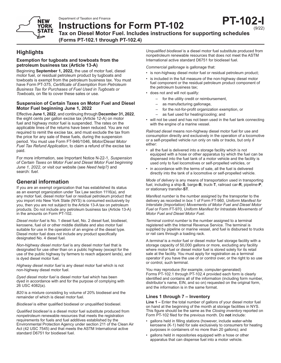 Instructions for Form PT-102 Tax on Diesel Motor Fuel - New York, Page 1