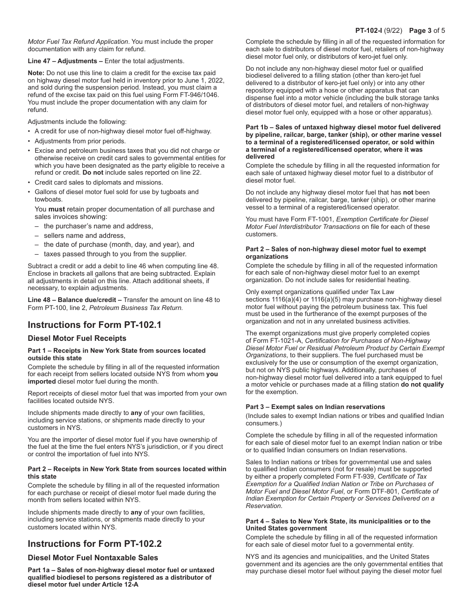 Instructions for Form PT-102 Tax on Diesel Motor Fuel - New York, Page 3