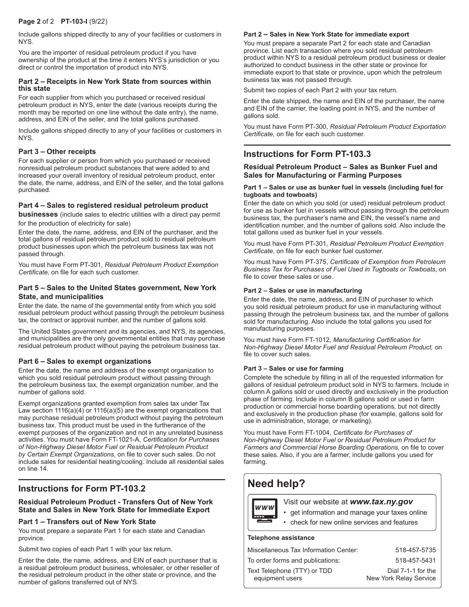 Instructions for Form PT-103 Tax on Residual Petroleum Product Businesses - New York, Page 2