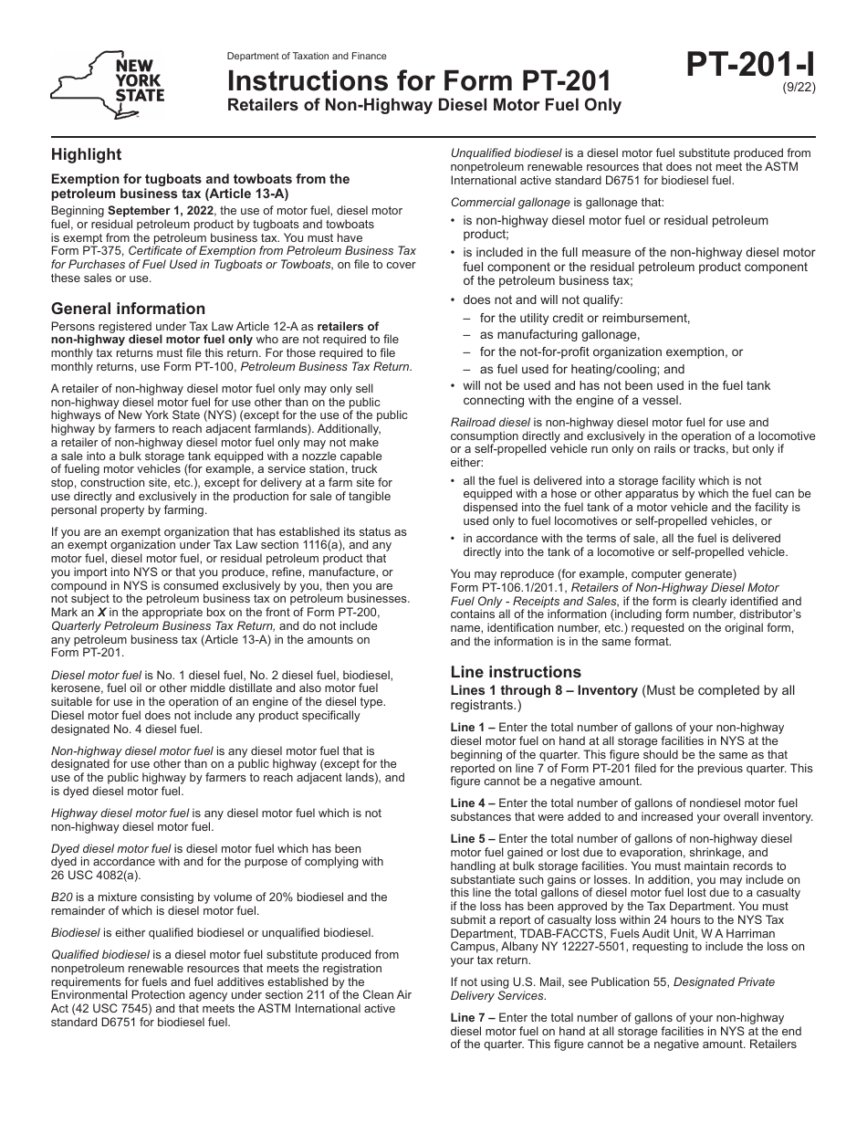 Instructions for Form PT-201 Retailers of Non-highway Diesel Motor Fuel Only - New York, Page 1