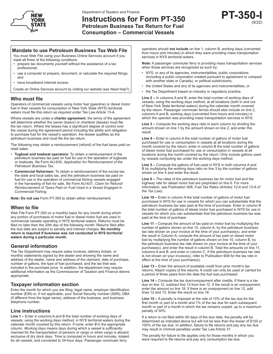 Instructions for Form PT-350 Petroleum Business Tax Return for Fuel Consumption - Commercial Vessels - New York, Page 1