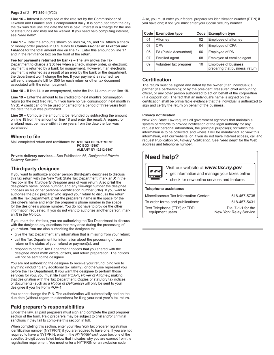 Instructions for Form PT-350 Petroleum Business Tax Return for Fuel Consumption - Commercial Vessels - New York, Page 2