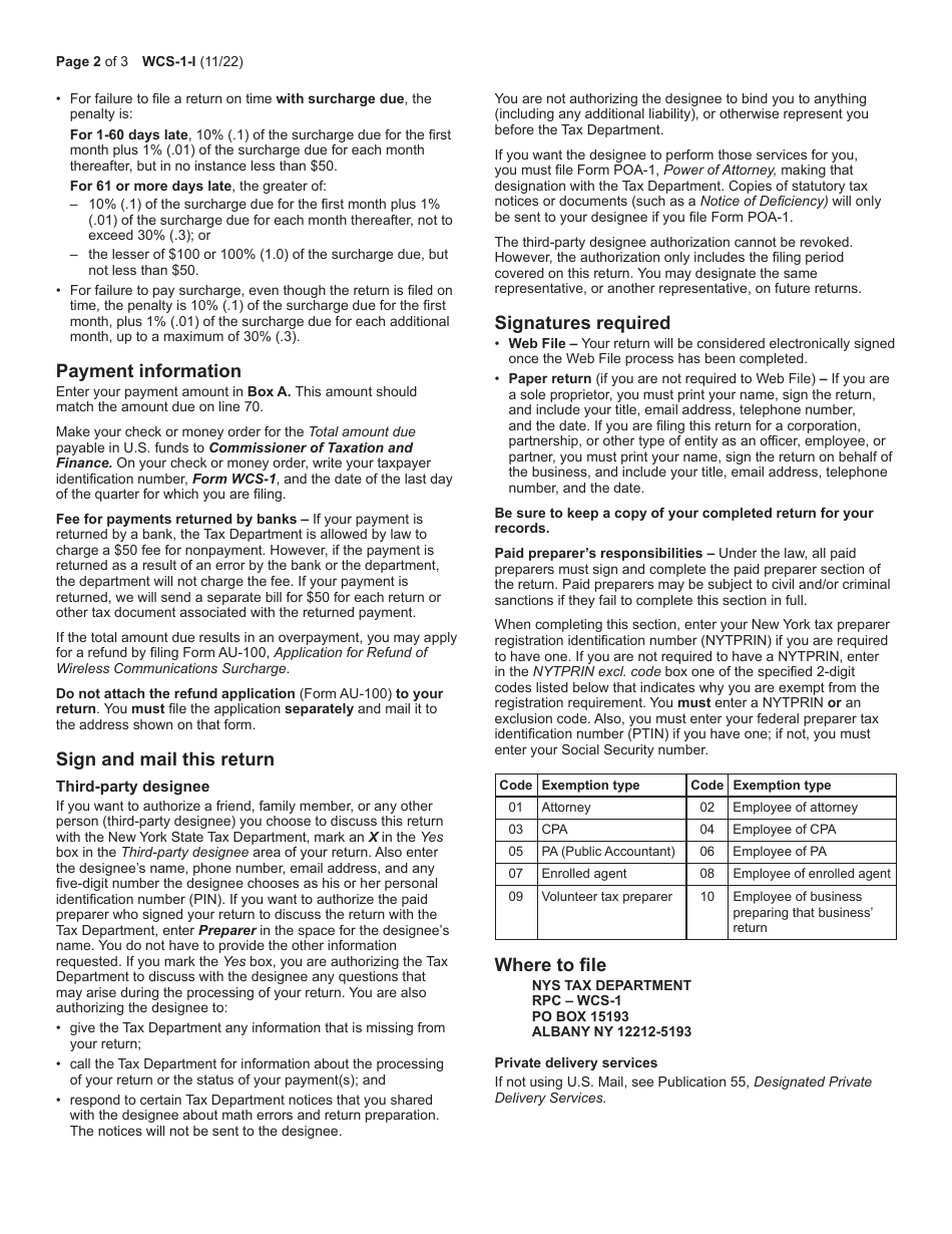 Instructions for Form WCS-1 Postpaid Wireless Communications Surcharge Return - New York, Page 2