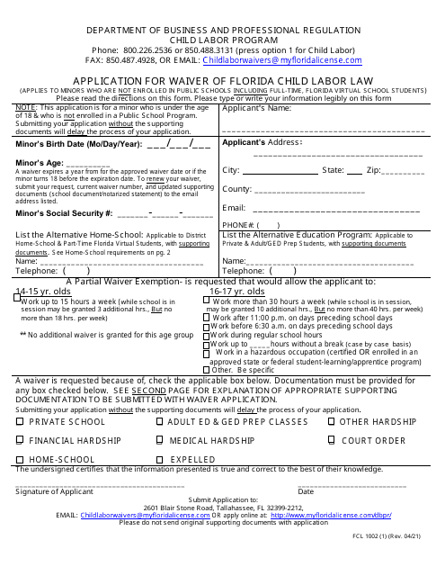 Form FCL1002 Application for Waiver of Florida Child Labor Law - Florida