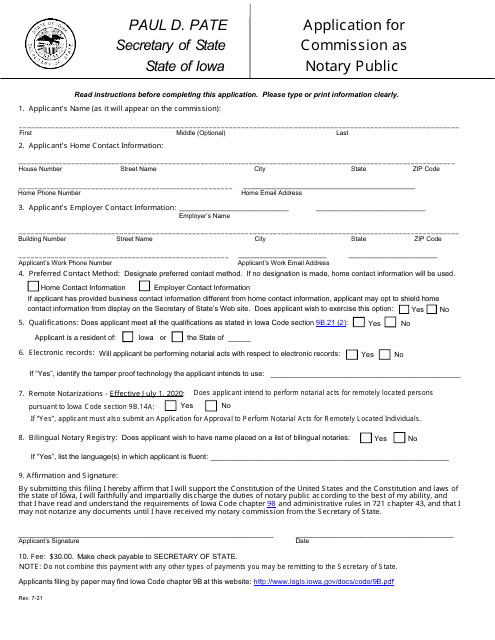 Application for Commission as Notary Public - Iowa