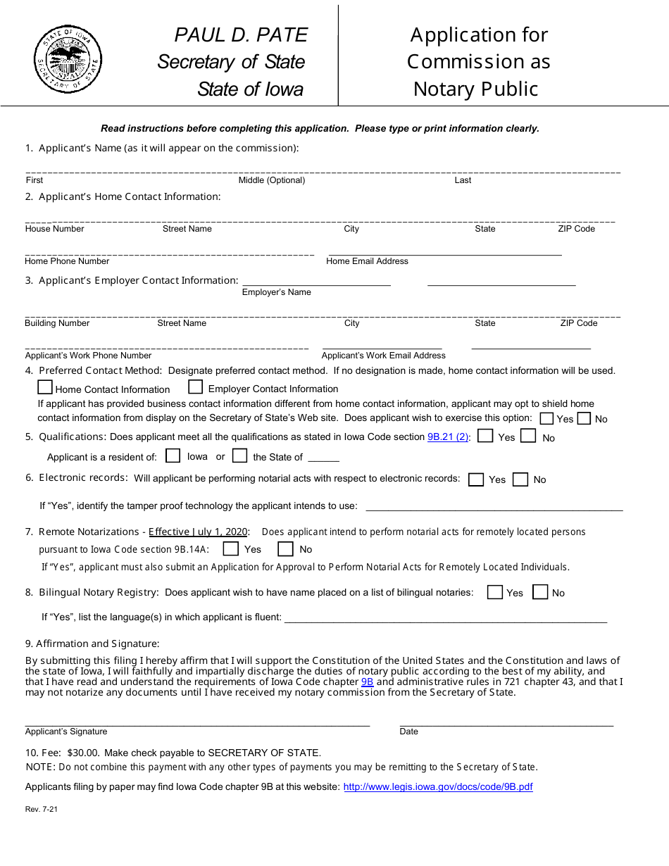 Iowa Application for Commission as Notary Public Download Fillable PDF 2021 — 2024 Templateroller