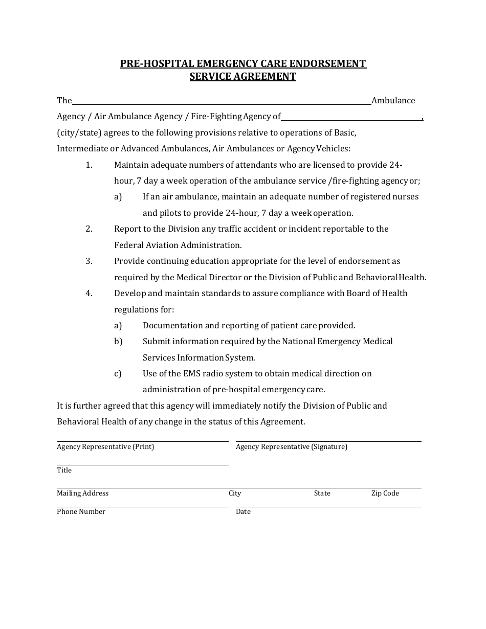 Pre-hospital Emergency Care Endorsement Hospital Agreement - Nevada, Page 1