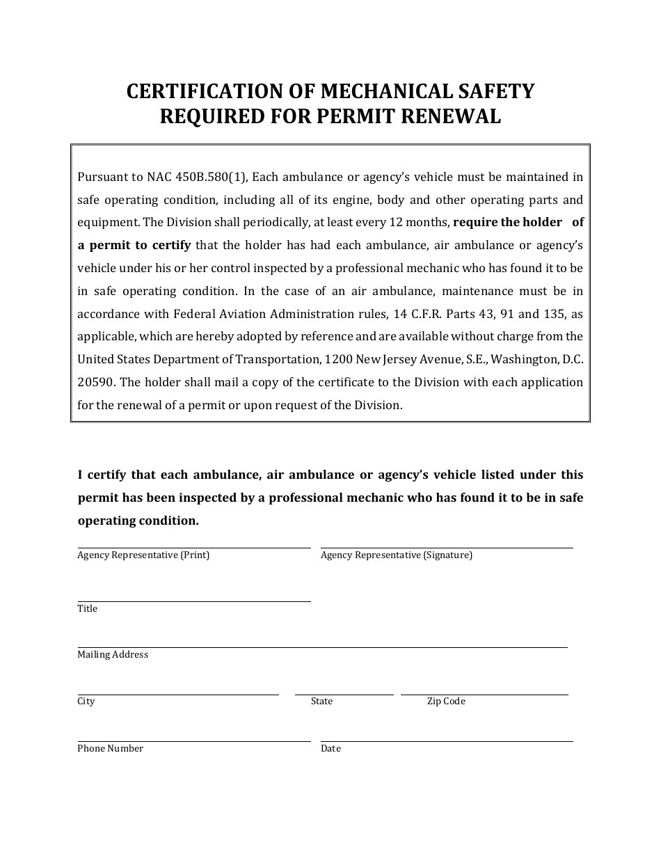 Certification of Mechanical Safety Required for Permit Renewal - Nevada, Page 1
