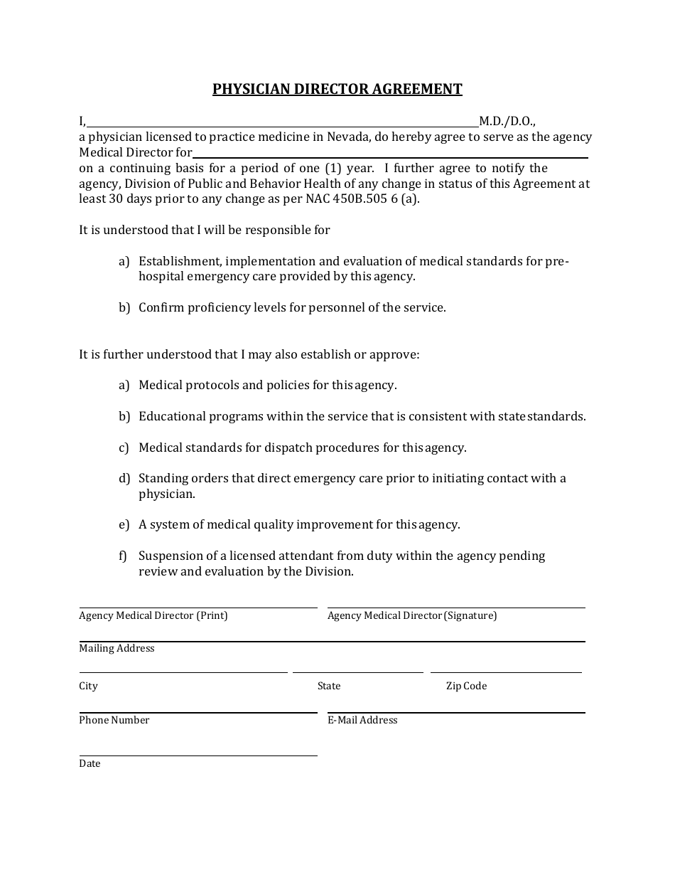 Physician Director Agreement - Nevada, Page 1