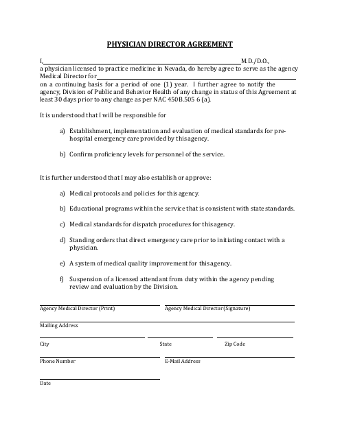 Physician Director Agreement - Nevada Download Pdf