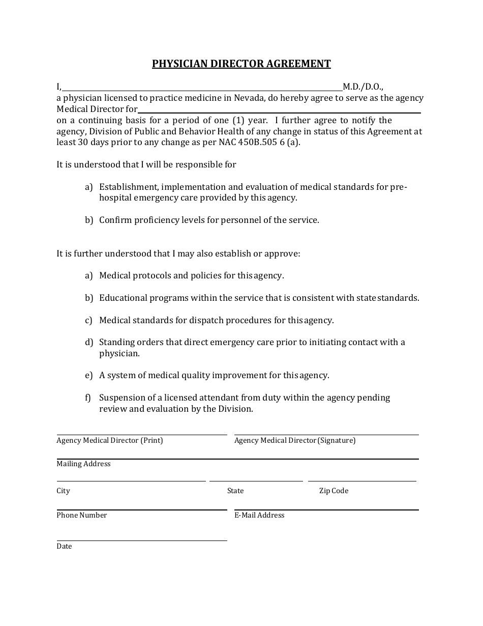 Nevada Physician Director Agreement Download Fillable PDF Templateroller