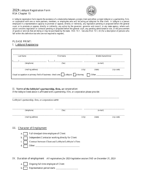 Lobbyist Registration Form - New Hampshire, 2023