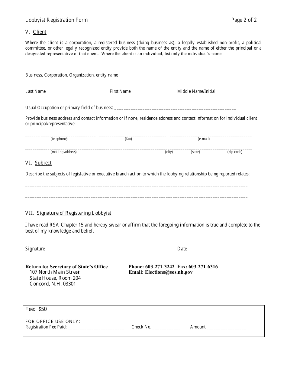 Lobbyist Registration Form - New Hampshire, Page 2