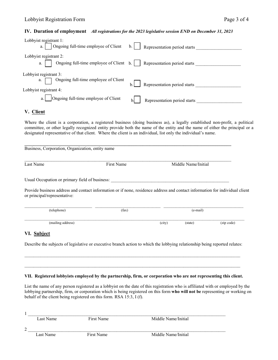 Lobbyist Registration Form - Multi-Lobbyists - New Hampshire, Page 3