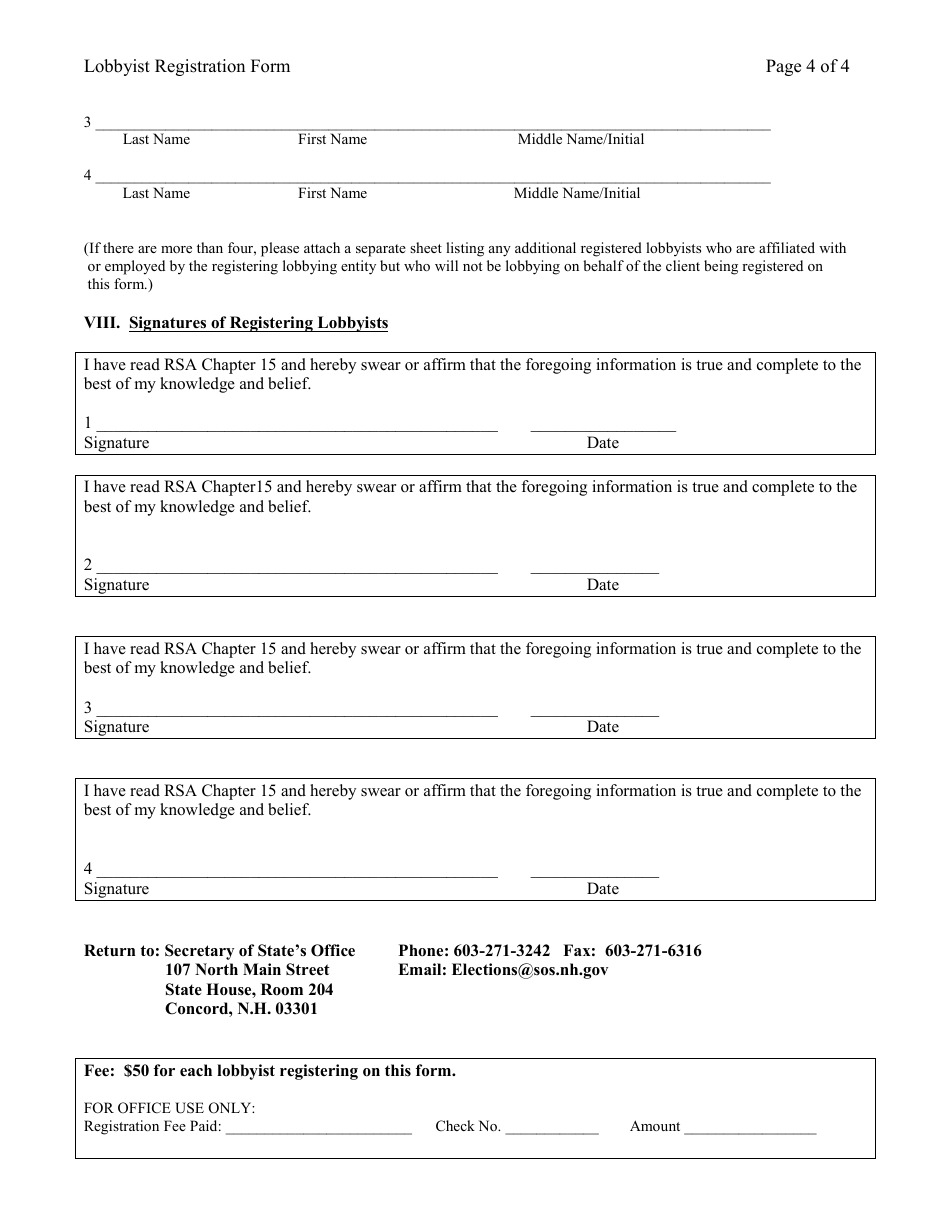 Lobbyist Registration Form - Multi-Lobbyists - New Hampshire, Page 4