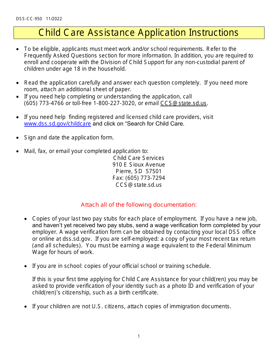 Form DSS-CC-950 Child Care Assistance Application - South Dakota, Page 1